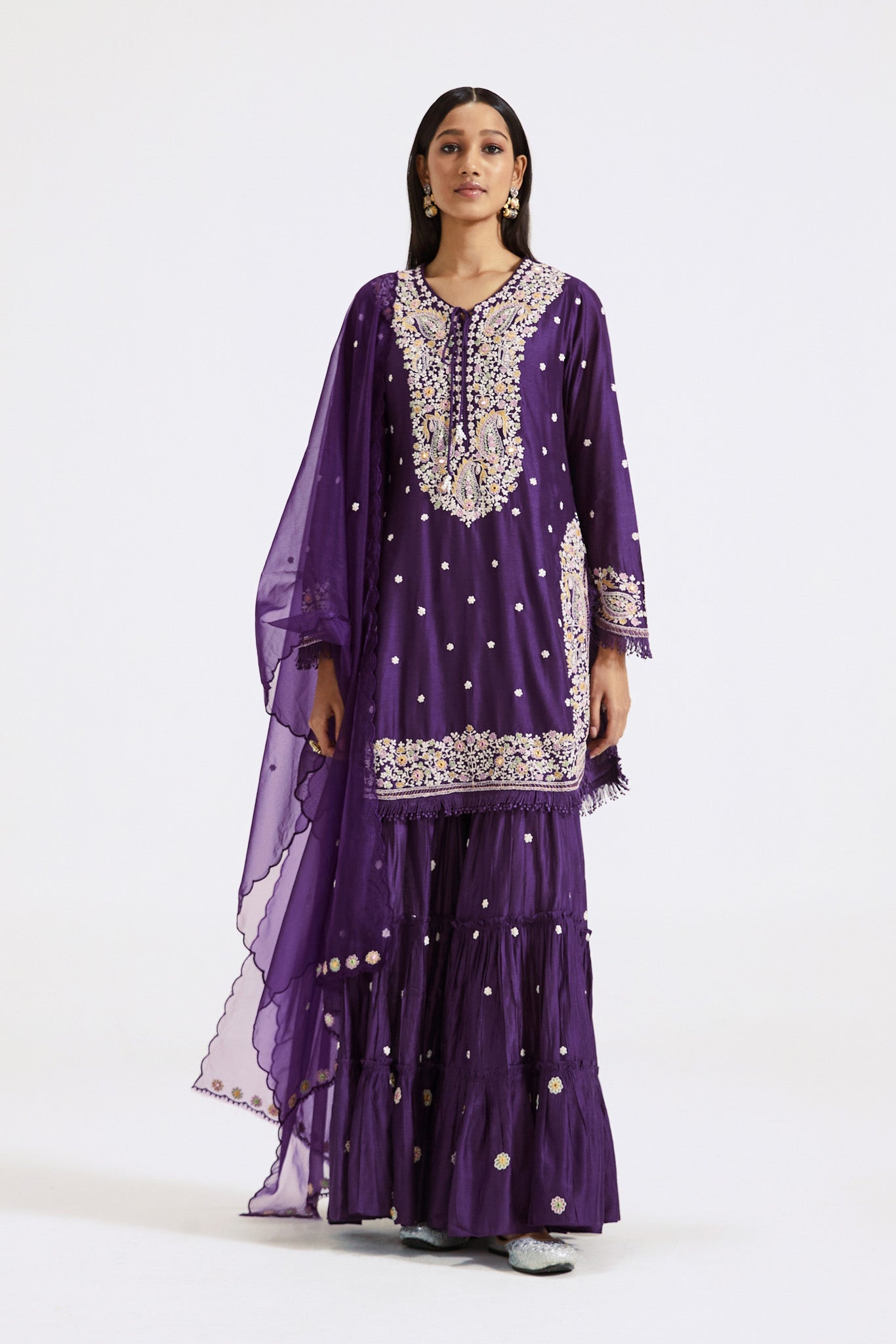 Shop purple embroidered organza sharara suit online in USA with dupatta. Shop the best and latest designs in embroidered sarees, designer sarees, Anarkali suit, lehengas, sharara suits for weddings and special occasions from Pure Elegance Indian fashion store in USA.-full view
