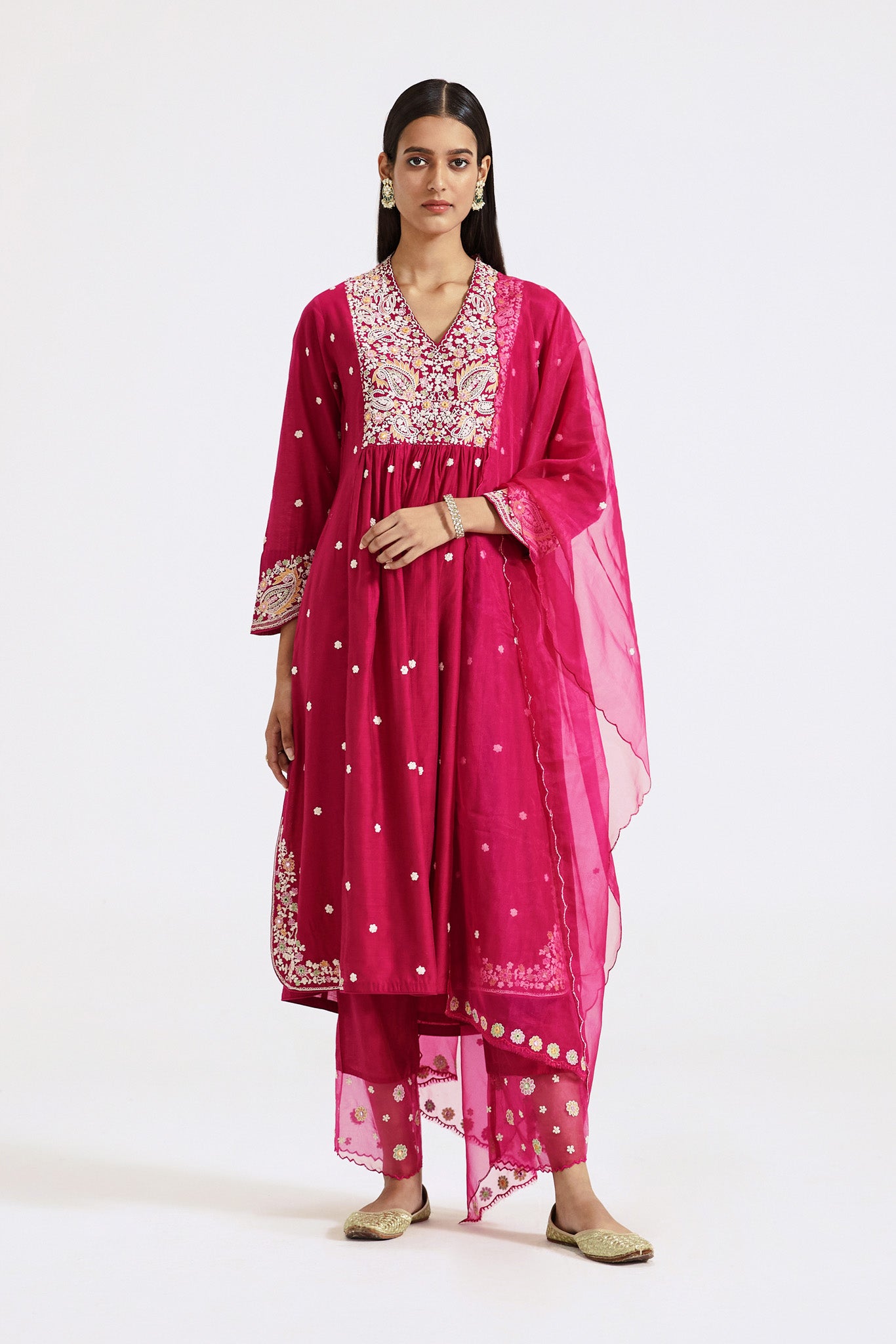 Buy pink embroidered organza sharara suit online in USA with dupatta. Shop the best and latest designs in embroidered sarees, designer sarees, Anarkali suit, lehengas, sharara suits for weddings and special occasions from Pure Elegance Indian fashion store in USA.-full view