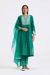 Shop green embroidered organza sharara suit online in USA with dupatta. Shop the best and latest designs in embroidered sarees, designer sarees, Anarkali suit, lehengas, sharara suits for weddings and special occasions from Pure Elegance Indian fashion store in USA.-full view