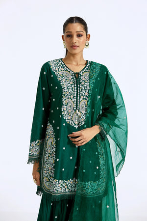Buy bottle green embroidered chanderi sharara suit online in USA with dupatta. Shop the best and latest designs in embroidered sarees, designer sarees, Anarkali suit, lehengas, sharara suits for weddings and special occasions from Pure Elegance Indian fashion store in USA.-closeup