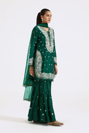 Buy bottle green embroidered chanderi sharara suit online in USA with dupatta. Shop the best and latest designs in embroidered sarees, designer sarees, Anarkali suit, lehengas, sharara suits for weddings and special occasions from Pure Elegance Indian fashion store in USA.-side