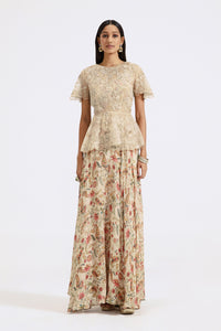 Shop Cream Printed and Embroidered Chinon Organza Skirt Set Online USA-full view