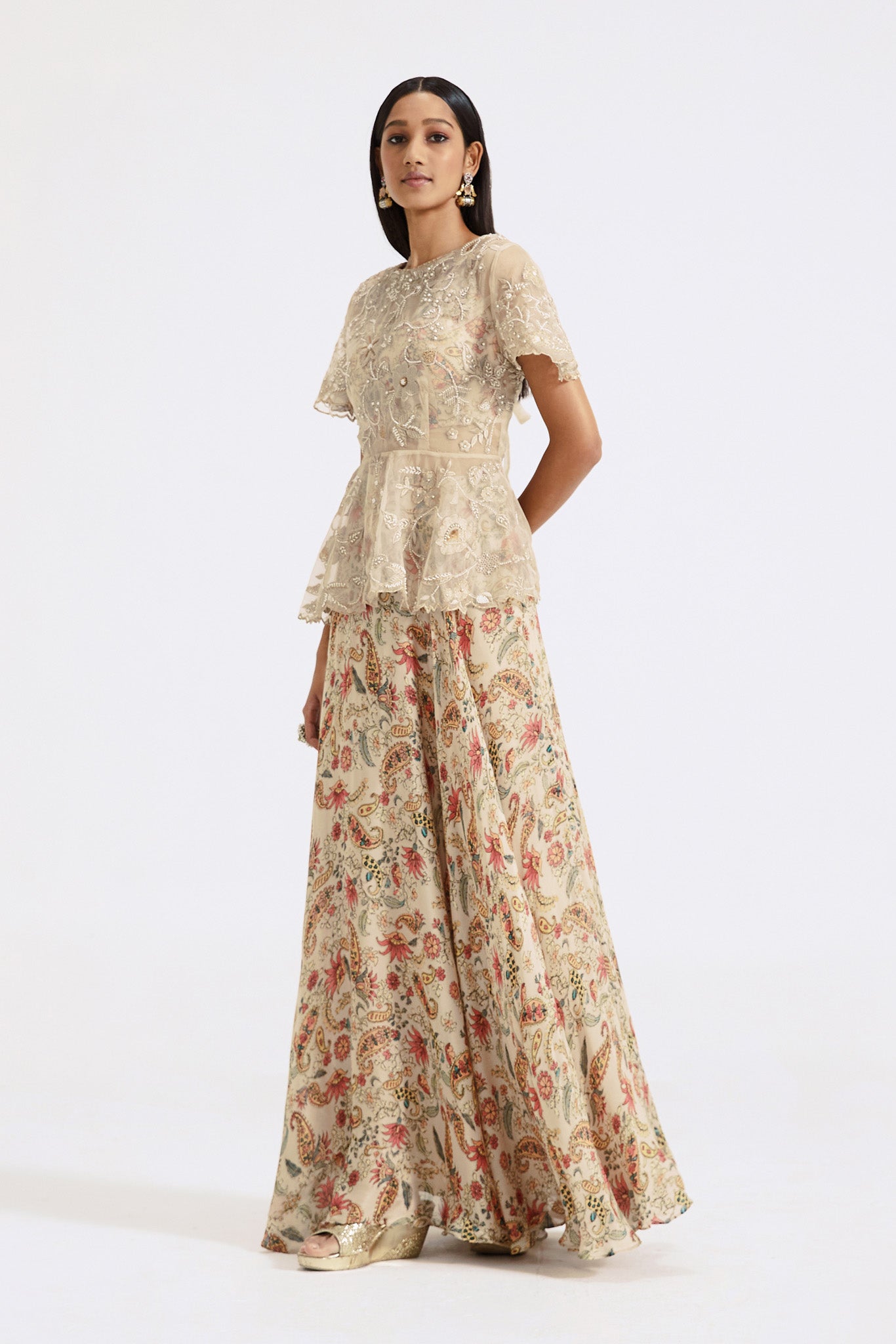 Shop Cream Printed and Embroidered Chinon Organza Skirt Set Online USA-side