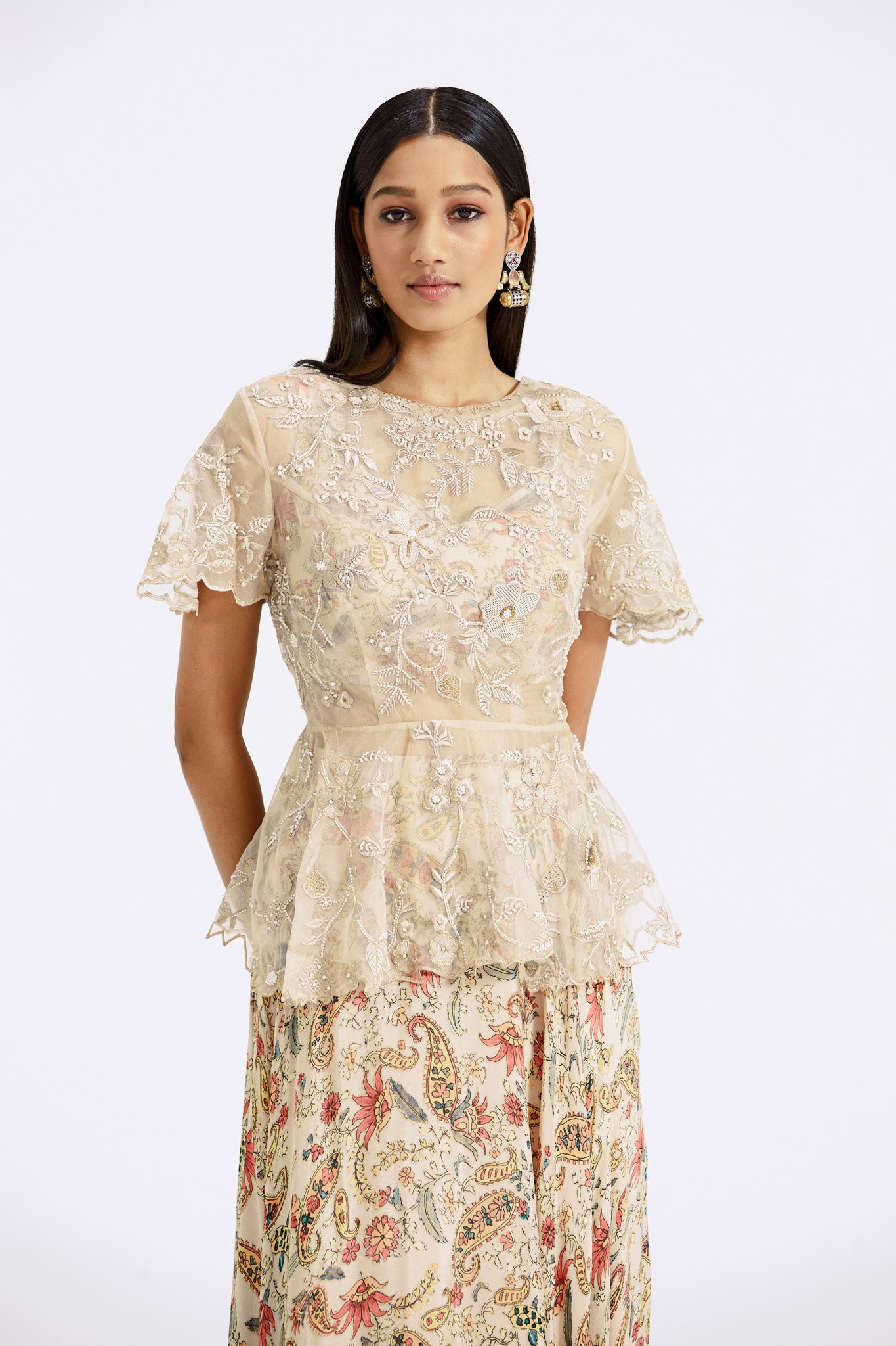 Shop Cream Printed and Embroidered Chinon Organza Skirt Set Online USA-closeup