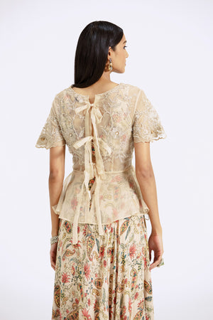 Shop Cream Printed and Embroidered Chinon Organza Skirt Set Online USA-back
