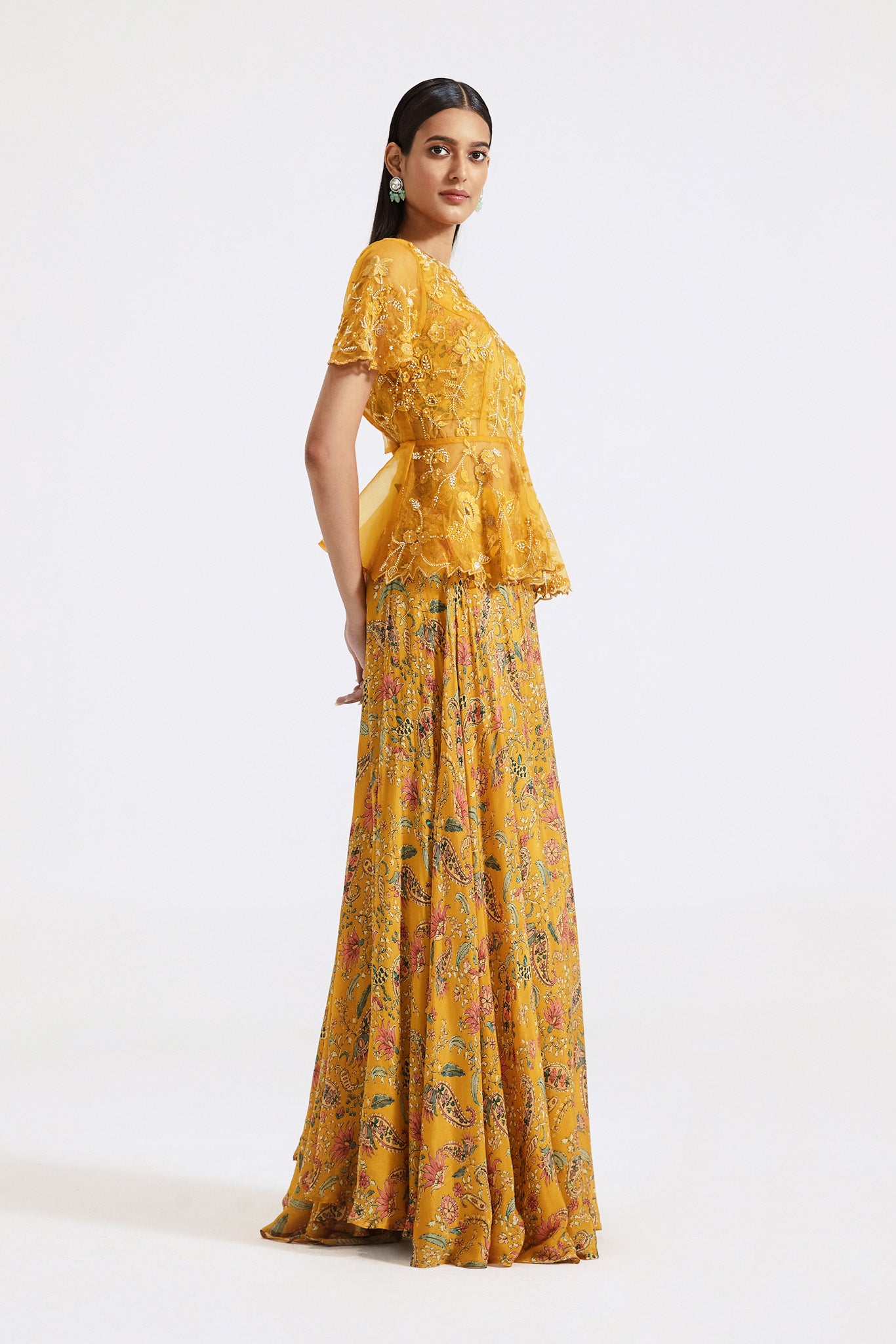 Buy beautiful mustard printed and embroidered chinnon organza skirt set online in USA. Shop the best and latest designs in embroidered sarees, designer sarees, Anarkali suit, lehengas, sharara suits for weddings and special occasions from Pure Elegance Indian fashion store in USA.-side