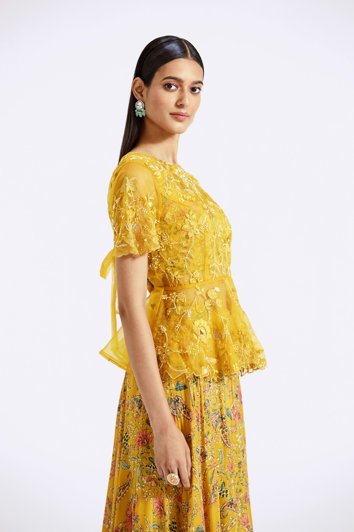 Buy beautiful mustard printed and embroidered chinnon organza skirt set online in USA. Shop the best and latest designs in embroidered sarees, designer sarees, Anarkali suit, lehengas, sharara suits for weddings and special occasions from Pure Elegance Indian fashion store in USA.-closeup