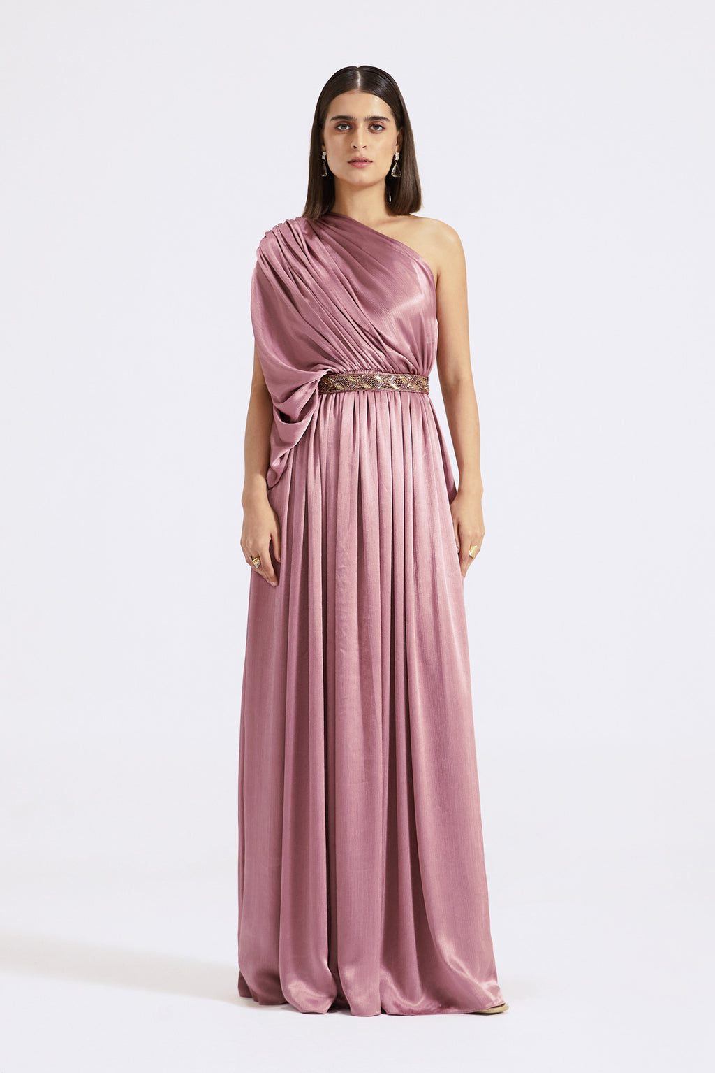 Buy stunning lilac chinon one shoulder draped gown online in USA. Shop the best and latest designs in embroidered sarees, designer sarees, Anarkali suit, lehengas, sharara suits for weddings and special occasions from Pure Elegance Indian fashion store in USA.-full view