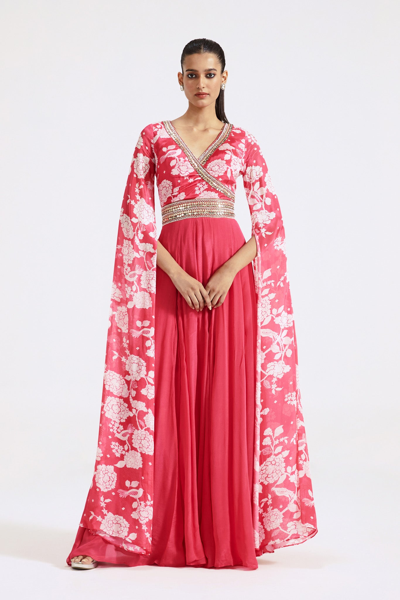 Buy pink printed chinon jumpsuit online in USA with cape sleeves. Shop the best and latest designs in embroidered sarees, designer sarees, Anarkali suit, lehengas, sharara suits for weddings and special occasions from Pure Elegance Indian fashion store in USA.-full view