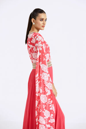 Buy pink printed chinon jumpsuit online in USA with cape sleeves. Shop the best and latest designs in embroidered sarees, designer sarees, Anarkali suit, lehengas, sharara suits for weddings and special occasions from Pure Elegance Indian fashion store in USA.-side