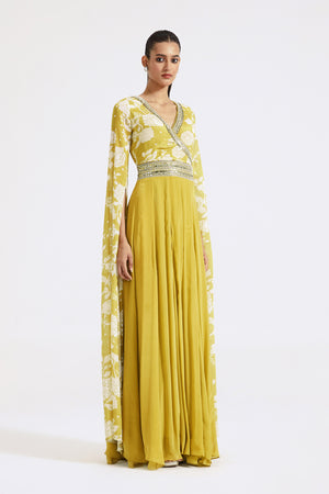 Shop beautiful lime green printed chinon jumpsuit online in USA with cape sleeves. Shop the best and latest designs in embroidered sarees, designer sarees, Anarkali suit, lehengas, sharara suits for weddings and special occasions from Pure Elegance Indian fashion store in USA.-jumpsuit