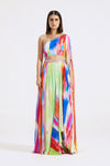 Buy stunning multicolor crepe one shoulder dress online in USA. Shop the best and latest designs in embroidered sarees, designer sarees, Anarkali suit, lehengas, sharara suits for weddings and special occasions from Pure Elegance Indian fashion store in USA.-full view