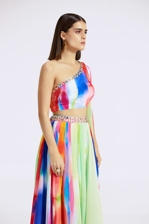 Buy stunning multicolor crepe one shoulder dress online in USA. Shop the best and latest designs in embroidered sarees, designer sarees, Anarkali suit, lehengas, sharara suits for weddings and special occasions from Pure Elegance Indian fashion store in USA.-closeup