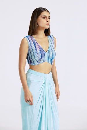 Shop stunning aqua blue crepe draped skirt set online in USA. Shop the best and latest designs in embroidered sarees, designer sarees, Anarkali suit, lehengas, sharara suits for weddings and special occasions from Pure Elegance Indian fashion store in USA.-closeup