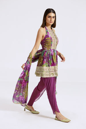 Buy purple printed georgette dhoti kurta set online in USA with dupatta. Shop the best and latest designs in embroidered sarees, designer sarees, Anarkali suit, lehengas, sharara suits for weddings and special occasions from Pure Elegance Indian fashion store in USA.-side