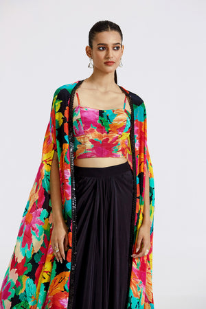 Buy multicolor black crepe draped skirt set online in USA with cape. Shop the best and latest designs in embroidered sarees, designer sarees, Anarkali suit, lehengas, sharara suits for weddings and special occasions from Pure Elegance Indian fashion store in USA.-closeup