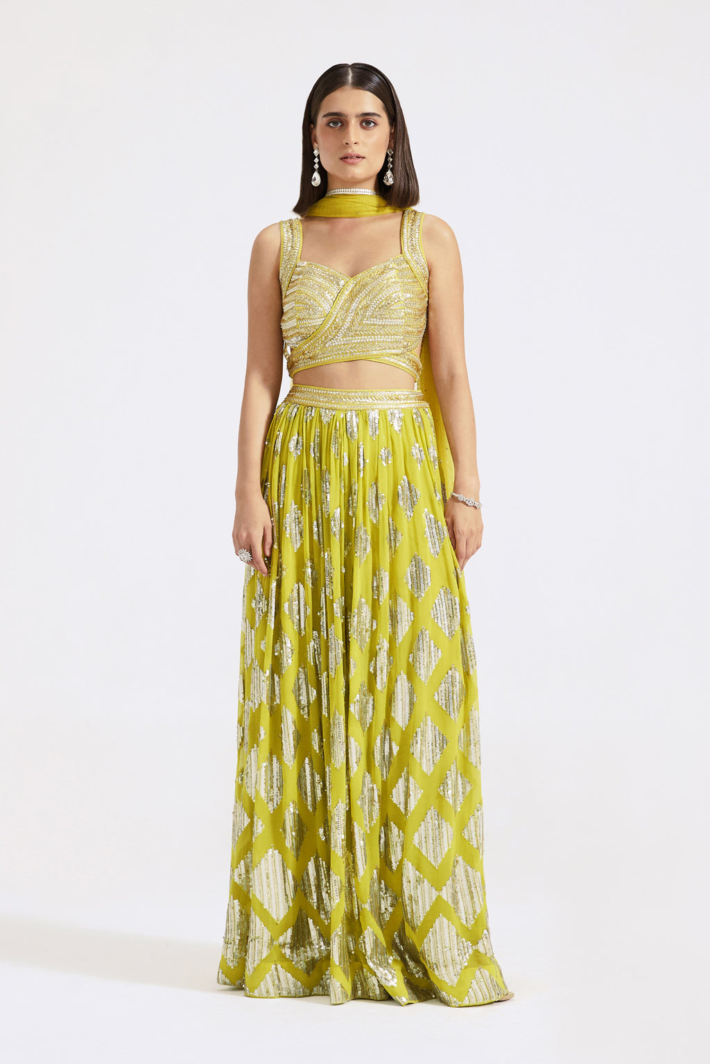 Shop beautiful lime green cutdana and mirror work skirt set online in USA. Shop the best and latest designs in embroidered sarees, designer sarees, Anarkali suit, lehengas, sharara suits for weddings and special occasions from Pure Elegance Indian fashion store in USA.-full view