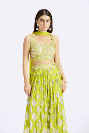 Shop beautiful lime green cutdana and mirror work skirt set online in USA. Shop the best and latest designs in embroidered sarees, designer sarees, Anarkali suit, lehengas, sharara suits for weddings and special occasions from Pure Elegance Indian fashion store in USA.-closeup