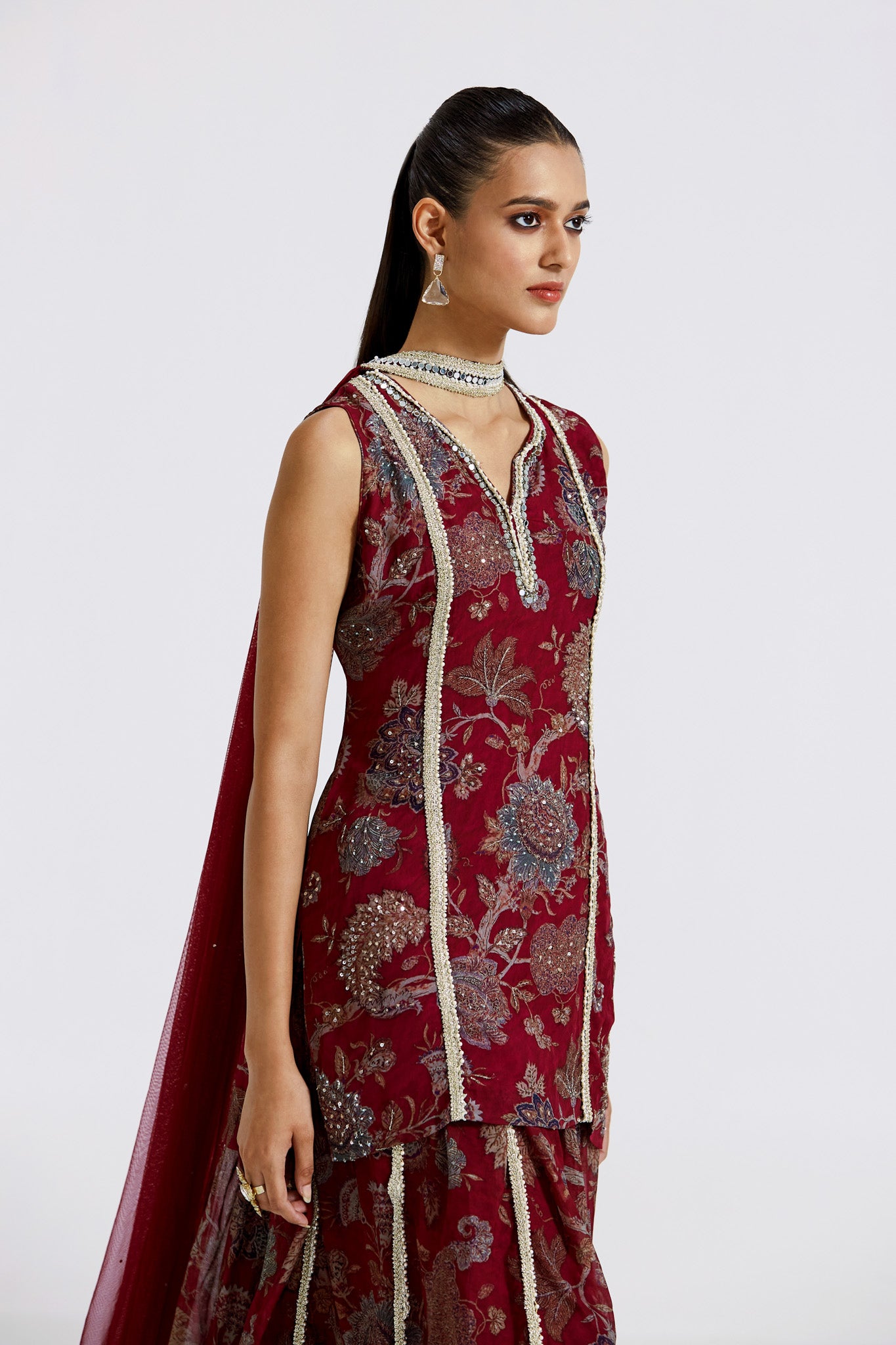 Buy wine floral georgette sharara suit online in USA with dupatta. Shop the best and latest designs in embroidered sarees, designer sarees, Anarkali suit, lehengas, sharara suits for weddings and special occasions from Pure Elegance Indian fashion store in USA.-side