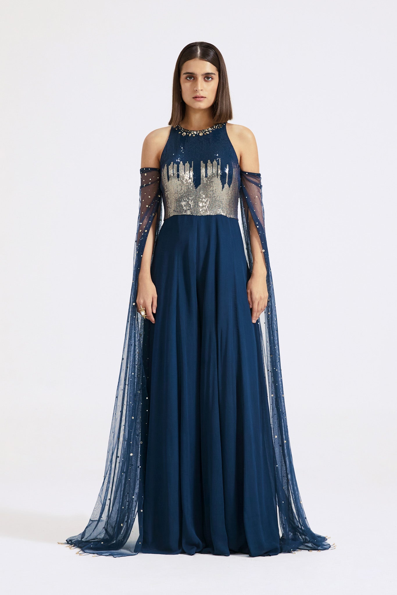 Shop blue georgette sequin jumpsuit online in USA with net sleeves. Shop the best and latest designs in embroidered sarees, designer sarees, Anarkali suit, lehengas, sharara suits for weddings and special occasions from Pure Elegance Indian fashion store in USA.-full view