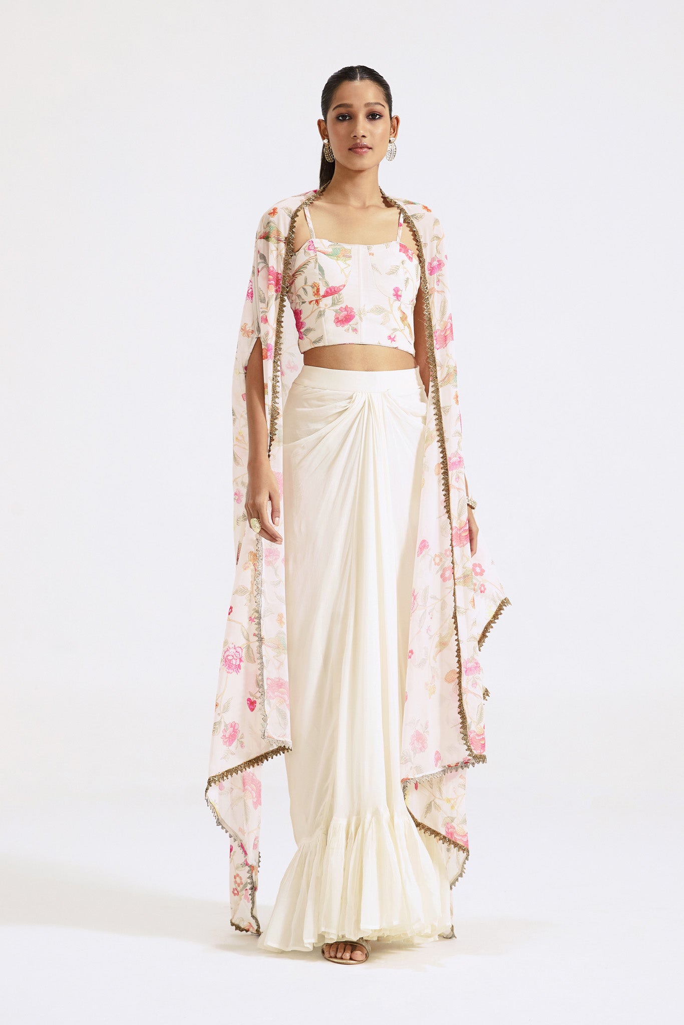 Shop beautiful crepe georgette draped skirt set online in USA with cape. Shop the best and latest designs in embroidered sarees, designer sarees, Anarkali suit, lehengas, sharara suits for weddings and special occasions from Pure Elegance Indian fashion store in USA.-full view