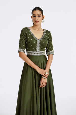 Shop beautiful olive green embroidered chinon jumpsuit online in USA. Shop the best and latest designs in embroidered sarees, designer sarees, Anarkali suit, lehengas, sharara suits for weddings and special occasions from Pure Elegance Indian fashion store in USA.-closeup