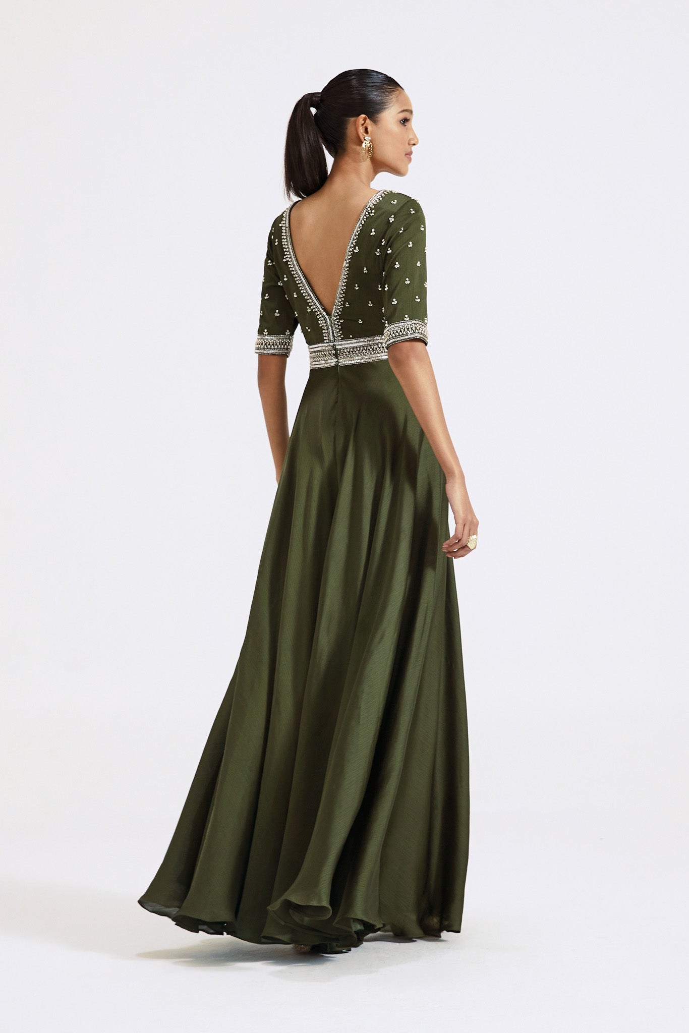 Shop beautiful olive green embroidered chinon jumpsuit online in USA. Shop the best and latest designs in embroidered sarees, designer sarees, Anarkali suit, lehengas, sharara suits for weddings and special occasions from Pure Elegance Indian fashion store in USA.-back