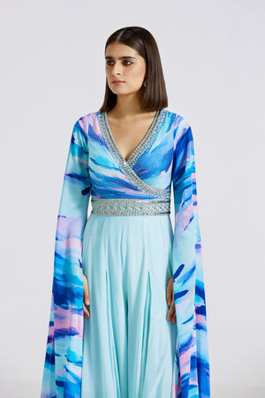 Buy aqua blue printed and embroidered crepe jumpsuit online in USA. Shop the best and latest designs in embroidered sarees, designer sarees, Anarkali suit, lehengas, sharara suits for weddings and special occasions from Pure Elegance Indian fashion store in USA.-closeup