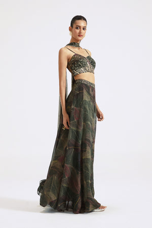 Shop green embroidered organza contemporary sharara set online in USA. Shop the best and latest designs in embroidered sarees, designer sarees, Anarkali suit, lehengas, sharara suits for weddings and special occasions from Pure Elegance Indian fashion store in USA.-side