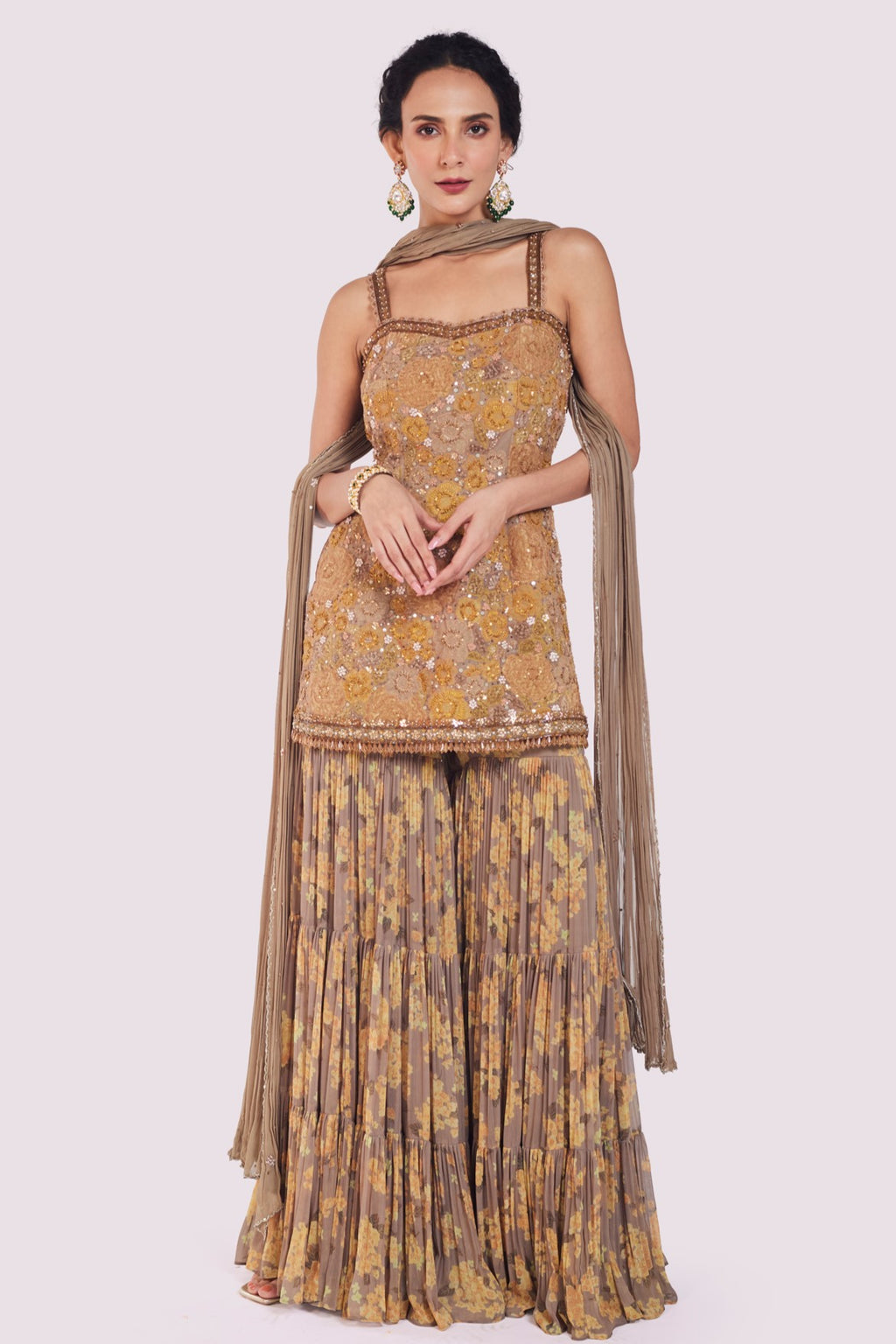 Shop beige floral georgette sharara suit online in USA with dupatta. Shop the best and latest designs in embroidered sarees, designer sarees, Anarkali suit, lehengas, sharara suits for weddings and special occasions from Pure Elegance Indian fashion store in USA.-full view
