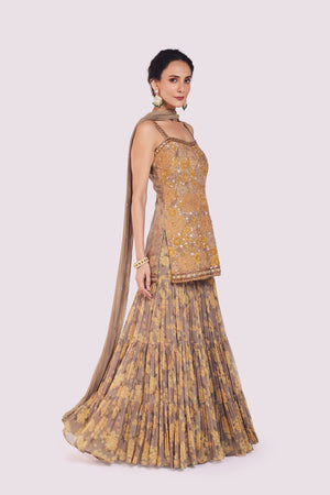 Shop beige floral georgette sharara suit online in USA with dupatta. Shop the best and latest designs in embroidered sarees, designer sarees, Anarkali suit, lehengas, sharara suits for weddings and special occasions from Pure Elegance Indian fashion store in USA.-side