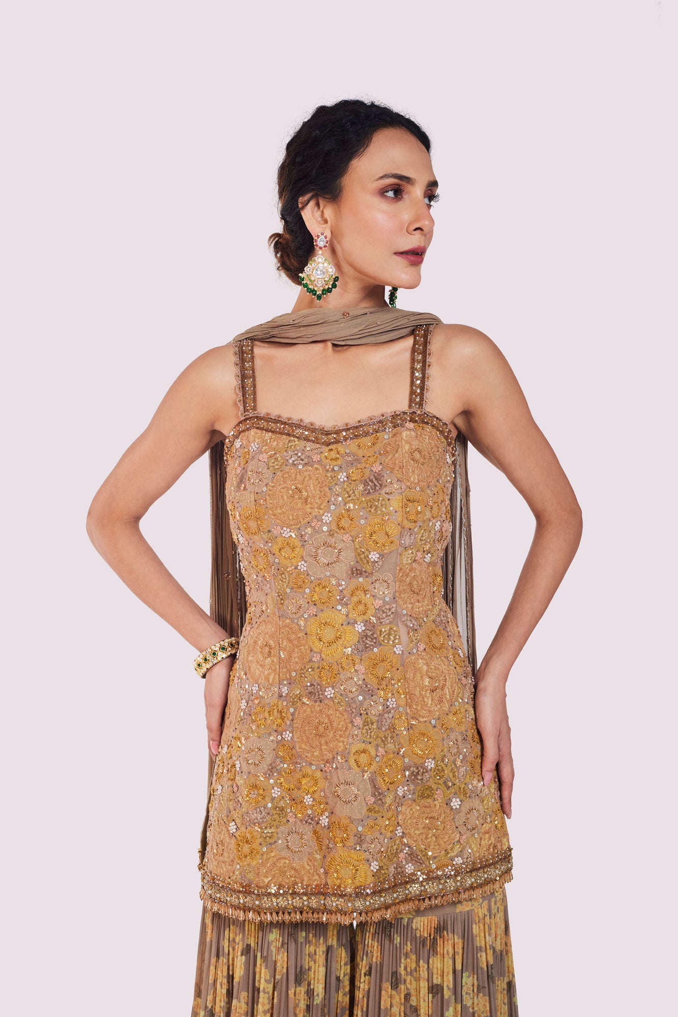 Shop beige floral georgette sharara suit online in USA with dupatta. Shop the best and latest designs in embroidered sarees, designer sarees, Anarkali suit, lehengas, sharara suits for weddings and special occasions from Pure Elegance Indian fashion store in USA.-closeup