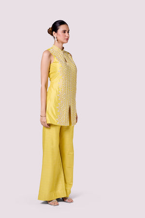 Buy yellow embellished short organza co-ord set online in USA. Shop the best and latest designs in embroidered sarees, designer sarees, Anarkali suit, lehengas, sharara suits for weddings and special occasions from Pure Elegance Indian fashion store in USA.-side