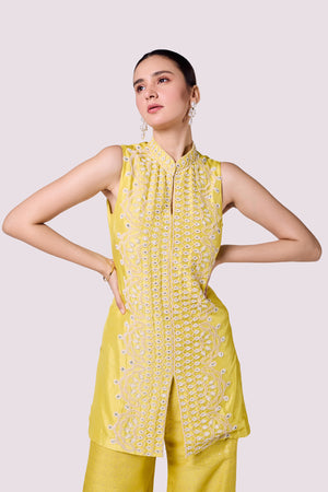 Buy yellow embellished short organza co-ord set online in USA. Shop the best and latest designs in embroidered sarees, designer sarees, Anarkali suit, lehengas, sharara suits for weddings and special occasions from Pure Elegance Indian fashion store in USA.-closeup
