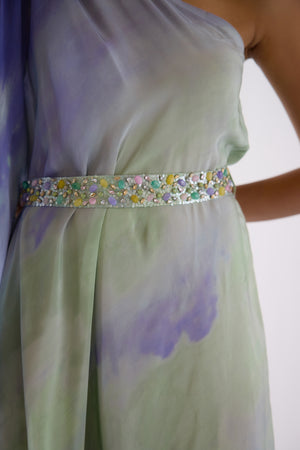 Shop lilac one shoulder crepe gown online in USA with embroidered set. Shop the best and latest designs in embroidered sarees, designer sarees, Anarkali suit, lehengas, sharara suits for weddings and special occasions from Pure Elegance Indian fashion store in USA.-closeup