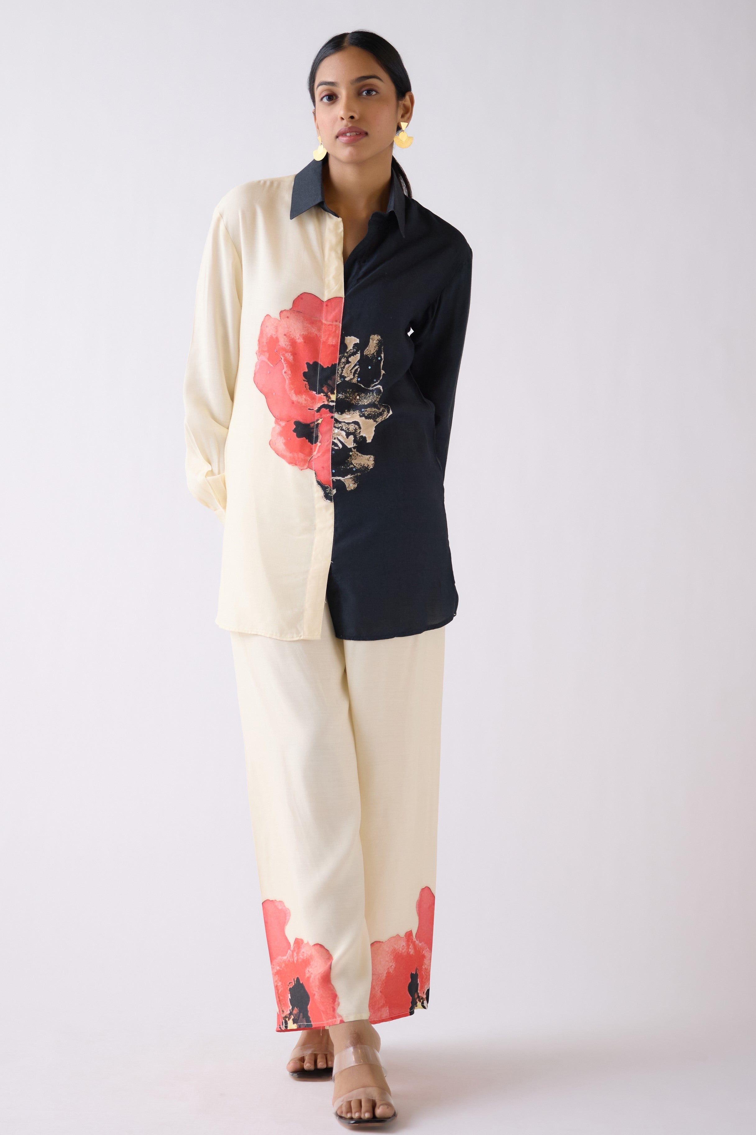 Buy ivory and black floral print muslin co-ord set online in USA. Shop the best and latest designs in embroidered sarees, designer sarees, Anarkali suit, lehengas, sharara suits for weddings and special occasions from Pure Elegance Indian fashion store in USA.-full view