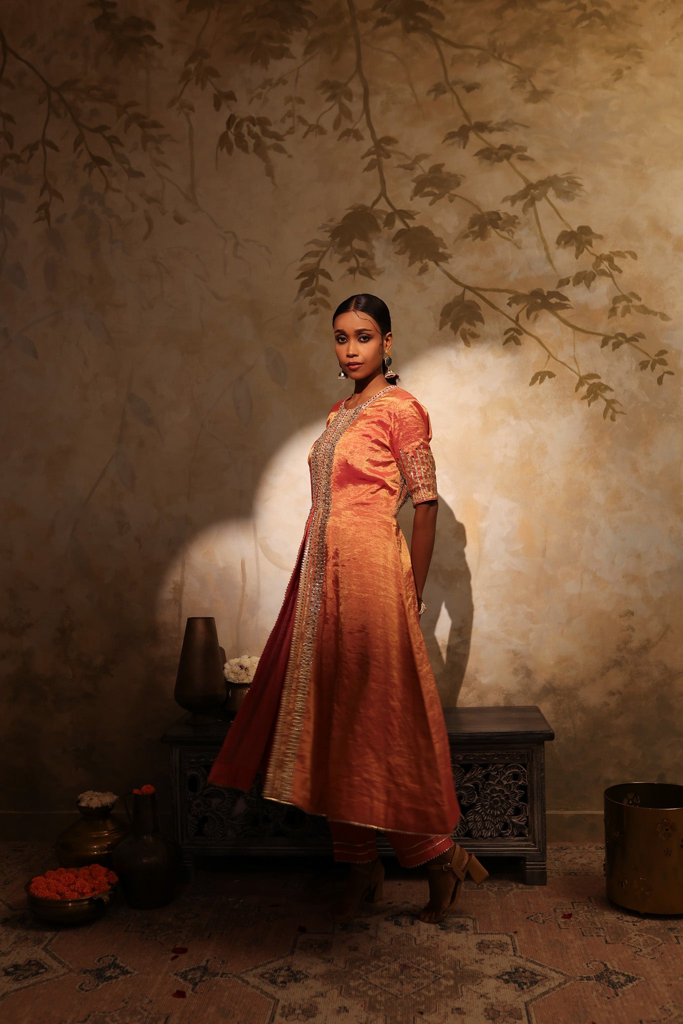 Shop orange tissue embroidered kurta online in USA with chanderi pants. Shop the best and latest designs in embroidered sarees, designer sarees, Anarkali suit, lehengas, sharara suits for weddings and special occasions from Pure Elegance Indian fashion store in USA.-suit
