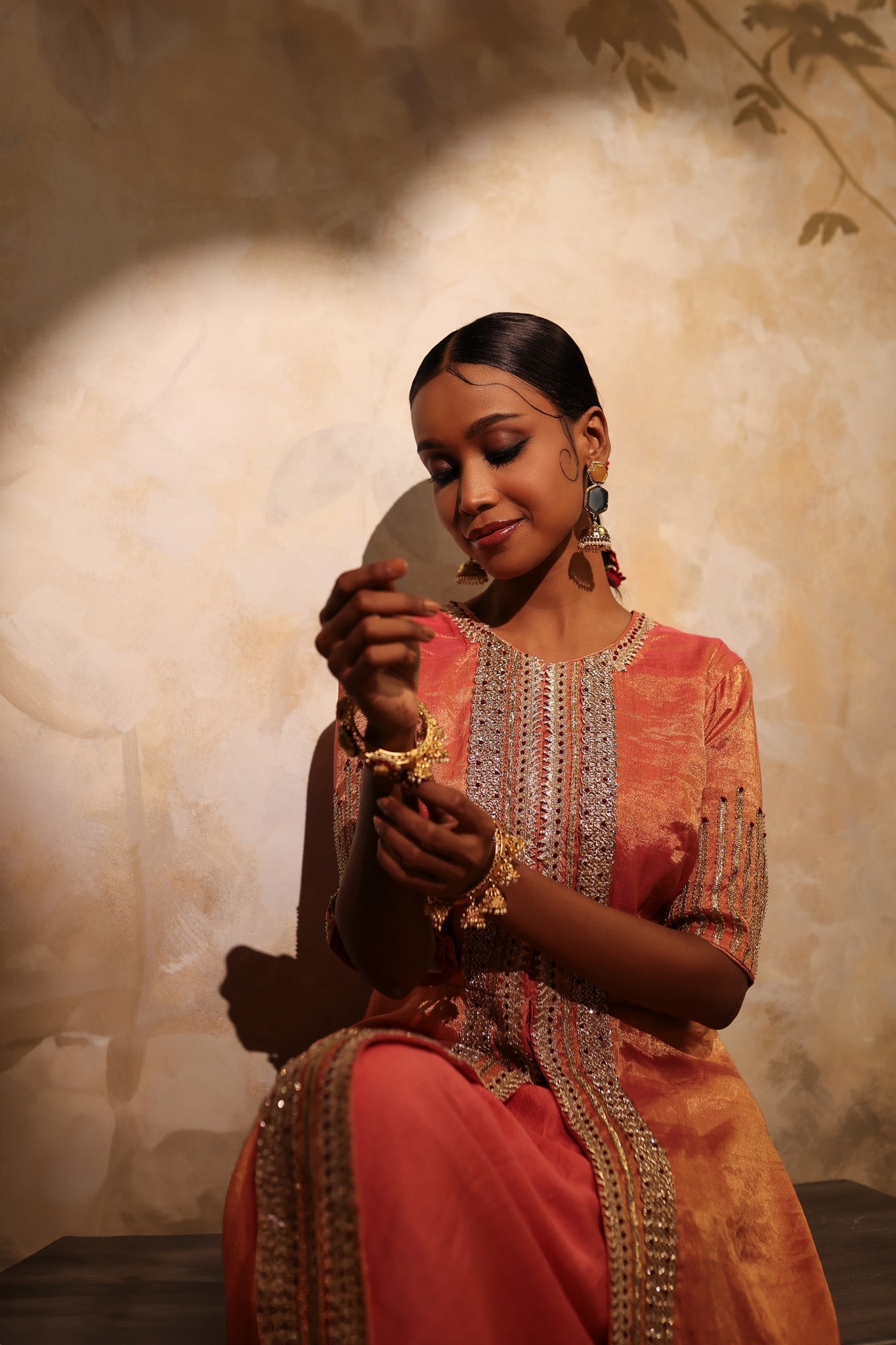 Shop orange tissue embroidered kurta online in USA with chanderi pants. Shop the best and latest designs in embroidered sarees, designer sarees, Anarkali suit, lehengas, sharara suits for weddings and special occasions from Pure Elegance Indian fashion store in USA.-closeup