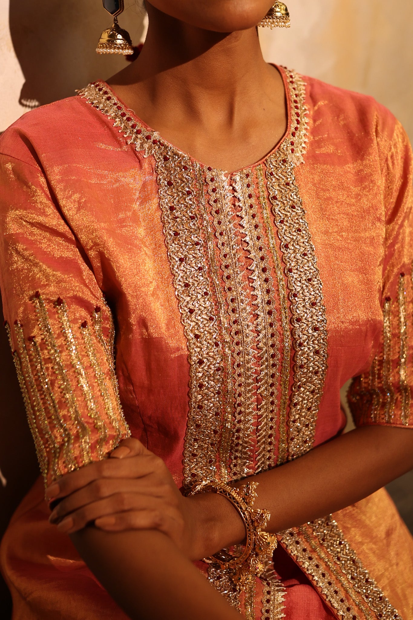 Shop orange tissue embroidered kurta online in USA with chanderi pants. Shop the best and latest designs in embroidered sarees, designer sarees, Anarkali suit, lehengas, sharara suits for weddings and special occasions from Pure Elegance Indian fashion store in USA.-embroidery