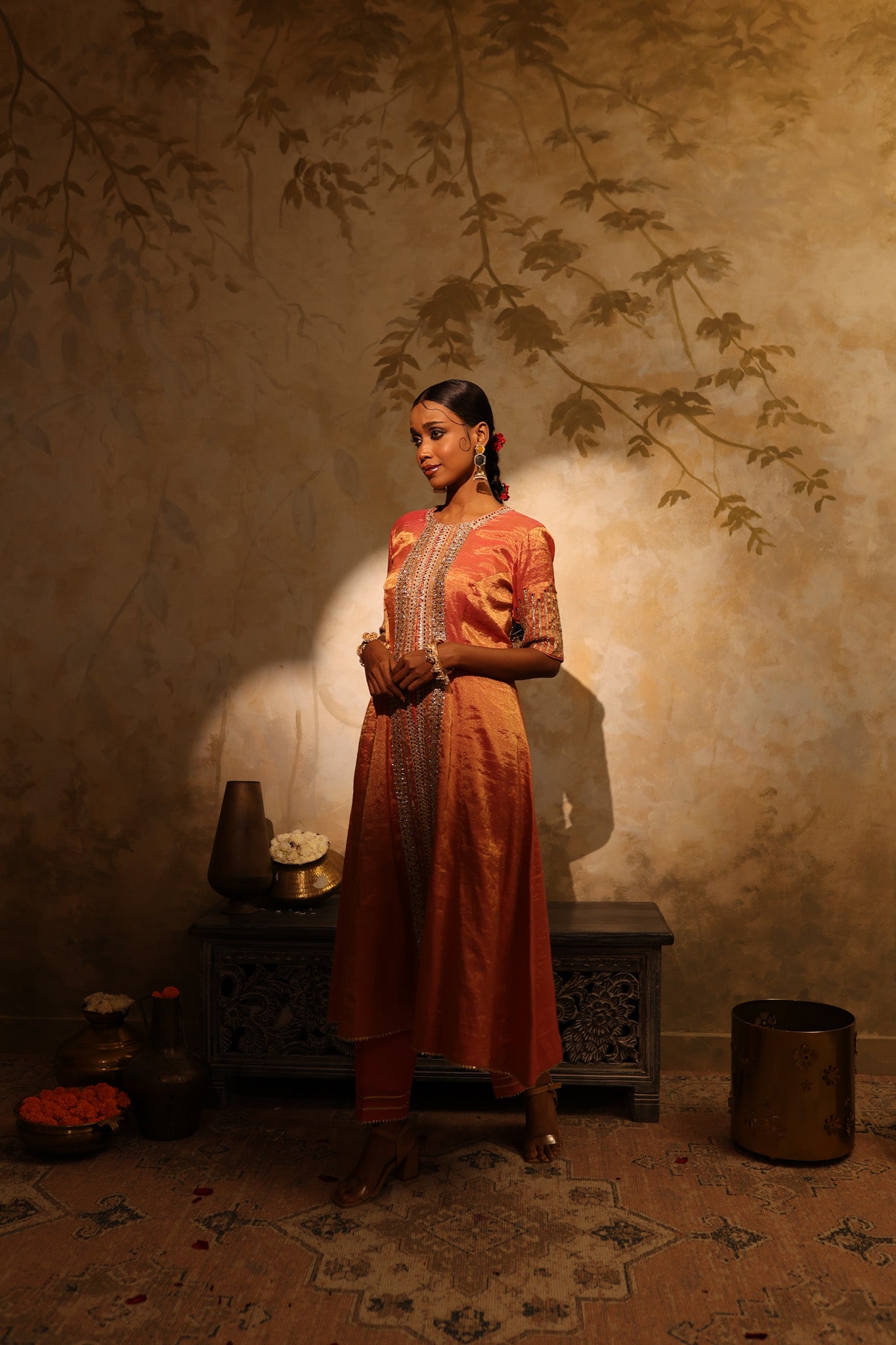 Shop orange tissue embroidered kurta online in USA with chanderi pants. Shop the best and latest designs in embroidered sarees, designer sarees, Anarkali suit, lehengas, sharara suits for weddings and special occasions from Pure Elegance Indian fashion store in USA.-side