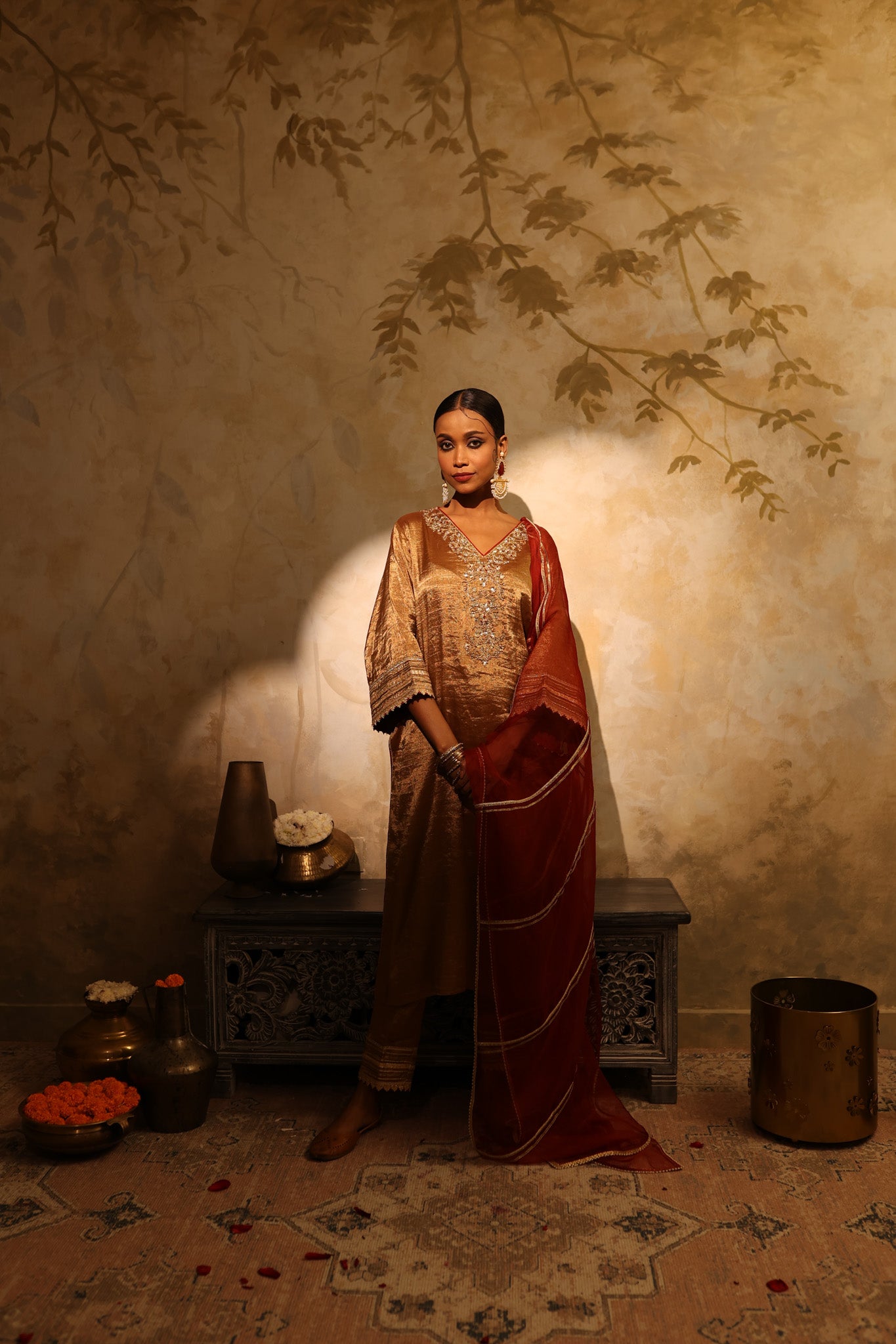 51Z097A-RO Golden Embroidered Tissue Suit With Red Dupatta 51Z097A-RO Golden Embroidered Tissue Suit With Red Dupatta