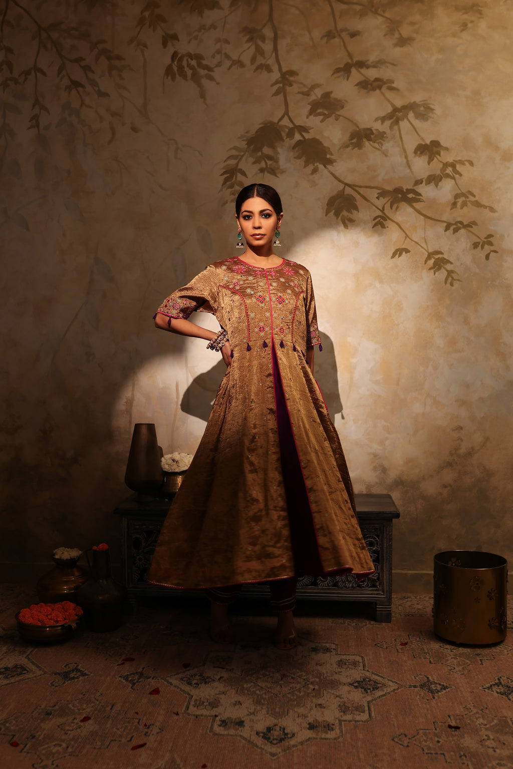 Buy golden tissue embroidered jacket kurta online in USA with purple palazzo. Shop the best and latest designs in embroidered sarees, designer sarees, Anarkali suit, lehengas, sharara suits for weddings and special occasions from Pure Elegance Indian fashion store in USA.-full view