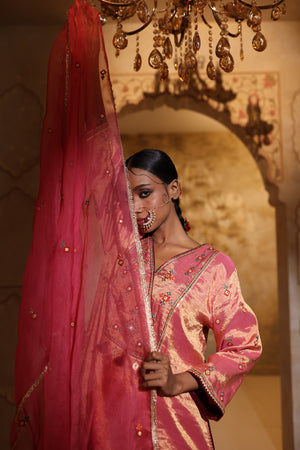 Shop pink tissue embroidered kurta online in USA with dupatta. Shop the best and latest designs in embroidered sarees, designer sarees, Anarkali suit, lehengas, sharara suits for weddings and special occasions from Pure Elegance Indian fashion store in USA.-closeup