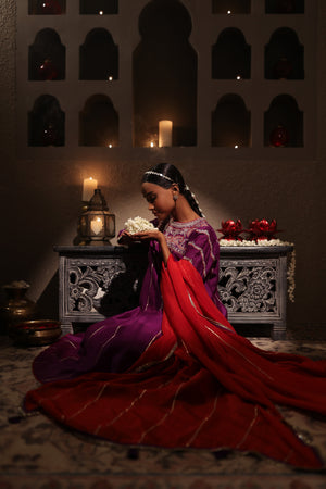 Buy purple chanderi embroidered suit online in USA with red dupatta. Shop the best and latest designs in embroidered sarees, designer sarees, Anarkali suit, lehengas, sharara suits for weddings and special occasions from Pure Elegance Indian fashion store in USA.-dupatta