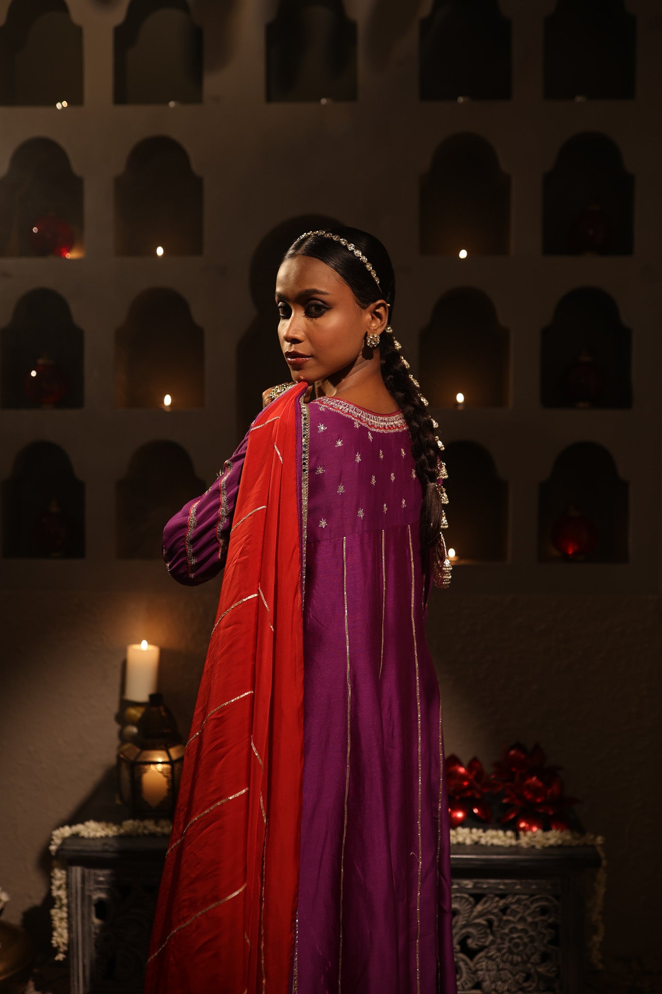 Buy purple chanderi embroidered suit online in USA with red dupatta. Shop the best and latest designs in embroidered sarees, designer sarees, Anarkali suit, lehengas, sharara suits for weddings and special occasions from Pure Elegance Indian fashion store in USA.-back