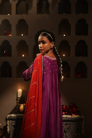 Buy purple chanderi embroidered suit online in USA with red dupatta. Shop the best and latest designs in embroidered sarees, designer sarees, Anarkali suit, lehengas, sharara suits for weddings and special occasions from Pure Elegance Indian fashion store in USA.-back
