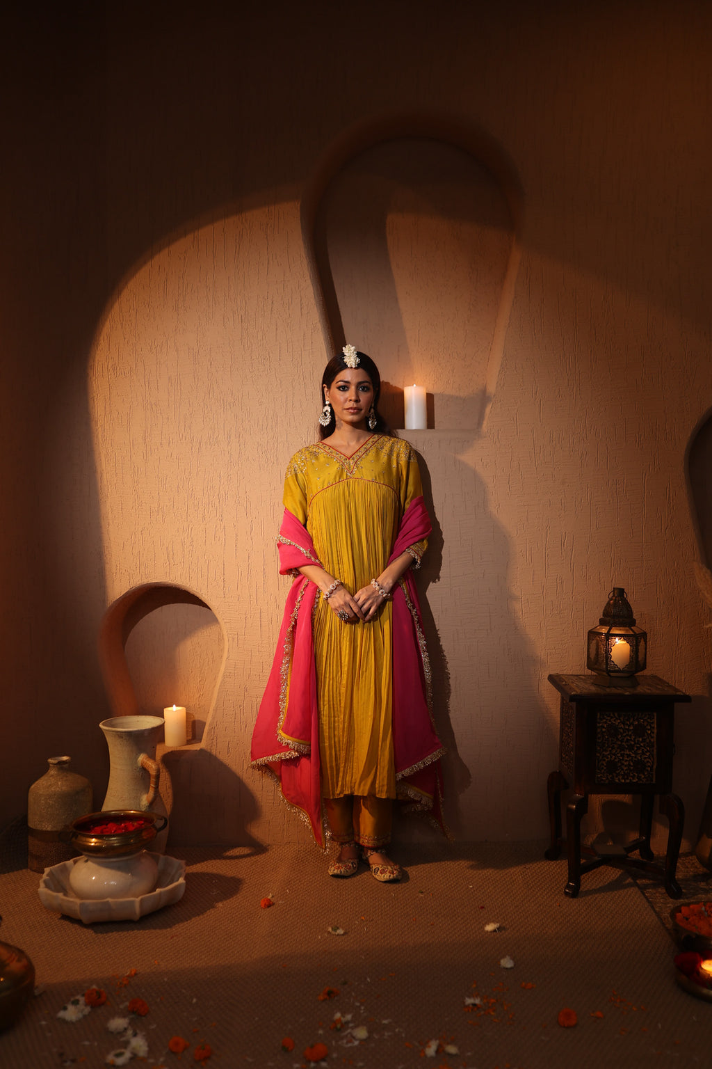 Shop yellow embroidered flared chanderi suit online in USA with pink dupatta. Shop the best and latest designs in embroidered sarees, designer sarees, Anarkali suit, lehengas, sharara suits for weddings and special occasions from Pure Elegance Indian fashion store in USA.-full view