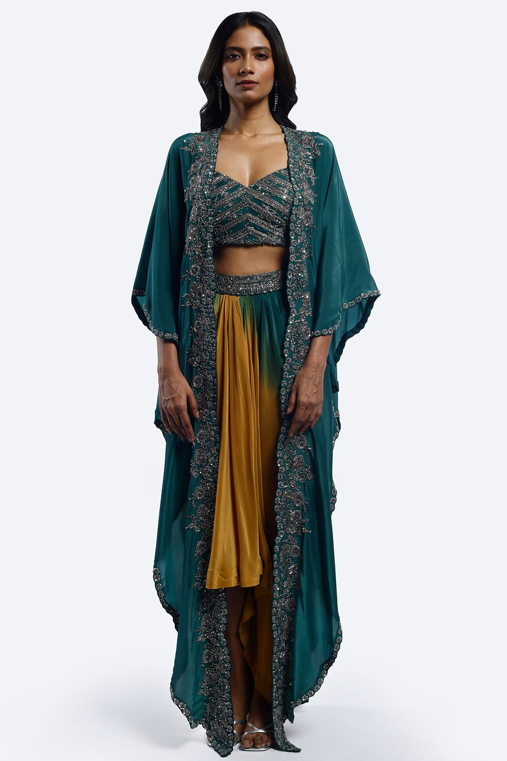 Shop beautiful green and yellow embroidered co-ord set online in USA with cape. Shop the best and latest designs in embroidered sarees, designer sarees, Anarkali suit, lehengas, sharara suits for weddings and special occasions from Pure Elegance Indian fashion store in USA.-full view