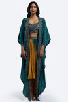Shop beautiful green and yellow embroidered co-ord set online in USA with cape. Shop the best and latest designs in embroidered sarees, designer sarees, Anarkali suit, lehengas, sharara suits for weddings and special occasions from Pure Elegance Indian fashion store in USA.-full view