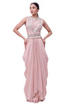 Buy stunning powder pink embroidered silk draped suit online in USA. Shop the best and latest designs in embroidered sarees, designer sarees, Anarkali suit, lehengas, sharara suits for weddings and special occasions from Pure Elegance Indian fashion store in USA.-full view